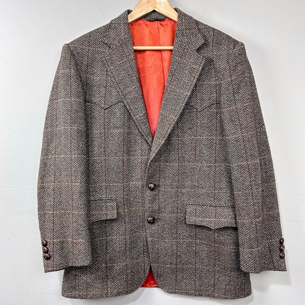 Levi's Western Wear Blazer Mens 40R Brown Tweed Vintage 70s Plaid Sport Coat USA